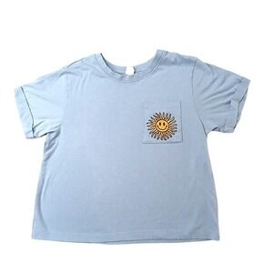 Coastal Dreamer Smiley Sun‎ Pocket Graphic T Shirt Blue Size Small Short Crop